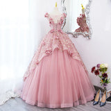 Pink Tulle Long Party Dress With Flowers, Pink Tulle Sweet 16 Dress Formal Dress HZ1024