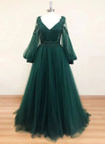 V Neck Long Sleeves Dark Green Lace Prom Dress, A-line Dark Green Lace Formal Evening Dress HZ1024