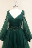 V Neck Long Sleeves Dark Green Lace Prom Dress, A-line Dark Green Lace Formal Evening Dress HZ1024