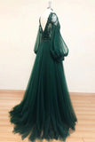 V Neck Long Sleeves Dark Green Lace Prom Dress, A-line Dark Green Lace Formal Evening Dress HZ1024
