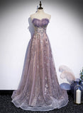 Light Purple Tulle with Lace A-line Party Dress, Purple Long Formal Dress Evening Dress HZ1024