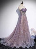 Light Purple Tulle with Lace A-line Party Dress, Purple Long Formal Dress Evening Dress HZ1024