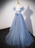 Light Blue Tulle Long Formal Dress, A-line Off Shoulder Evening Dress Prom Dress HZ1024