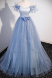 Light Blue Tulle Long Formal Dress, A-line Off Shoulder Evening Dress Prom Dress HZ1024