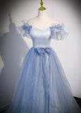 Light Blue Tulle Long Formal Dress, A-line Off Shoulder Evening Dress Prom Dress HZ1024
