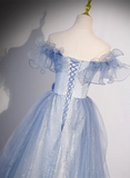 Light Blue Tulle Long Formal Dress, A-line Off Shoulder Evening Dress Prom Dress HZ1024