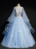 Light Blue Puffy Sleeves Tulle Ball Gown Party Dress, Sweet 16 Dresses Blue Formal Dresses HZ1024