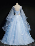Light Blue Puffy Sleeves Tulle Ball Gown Party Dress, Sweet 16 Dresses Blue Formal Dresses HZ1024