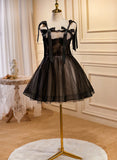 Cute Short Tulle with Lace Black Knee Length Party Dress, Black Short Prom Dress HZ1024