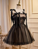 Cute Short Tulle with Lace Black Knee Length Party Dress, Black Short Prom Dress HZ1024