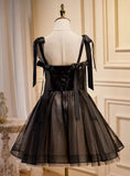 Cute Short Tulle with Lace Black Knee Length Party Dress, Black Short Prom Dress HZ1024