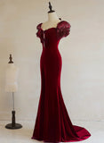 Wine Red Mermaid Long Velvet Wedding Party Dress, Wine Red Prom Dress Formal Dress HZ1024