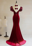 Wine Red Mermaid Long Velvet Wedding Party Dress, Wine Red Prom Dress Formal Dress HZ1024