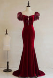 Wine Red Mermaid Long Velvet Wedding Party Dress, Wine Red Prom Dress Formal Dress HZ1024