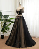 Black and Champagne Tulle Long Party Dress, Off Shoulder Formal Dress Prom Dress HZ1024