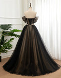 Black and Champagne Tulle Long Party Dress, Off Shoulder Formal Dress Prom Dress HZ1024
