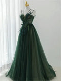 Green Straps Tulle Long A-line Party Dress, Green Floor Length Prom Dress HZ1024
