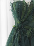 Green Straps Tulle Long A-line Party Dress, Green Floor Length Prom Dress HZ1024