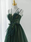 Green Straps Tulle Long A-line Party Dress, Green Floor Length Prom Dress HZ1024