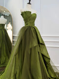 Green Satin and Tulle Long Formal Dress Party Dress, Green Ruffle Tiered Prom Dresses HZ1024