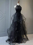 Chic Halter Sequins Black Long Party Dress with Tulle, Black Long Evening Dress HZ1024