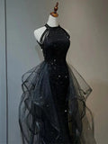 Chic Halter Sequins Black Long Party Dress with Tulle, Black Long Evening Dress HZ1024