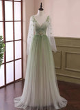 Green Gradient Puffy Sleeves Long Party Dress, A-line Beaded Prom Dress HZ1024