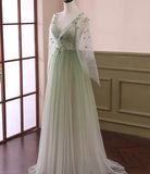 Green Gradient Puffy Sleeves Long Party Dress, A-line Beaded Prom Dress HZ1024
