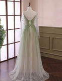 Green Gradient Puffy Sleeves Long Party Dress, A-line Beaded Prom Dress HZ1024