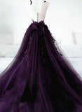Dark Purple Long Tulle Backless Party Dress, Purple A-line Prom Dress HZ1024