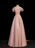 Pink Satin Off Shoulder A-line Prom Dress, Pink Floor Length Party Dress HZ1024