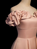 Pink Satin Off Shoulder A-line Prom Dress, Pink Floor Length Party Dress HZ1024