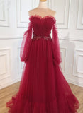 Burgundy Sweetheart Beaded Off Shoulder Party Dress, Burgundy Formal Dress HZ1024