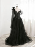 Black One Shoulder Tulle and Sequins Long Party Dress, Black Formal Dress HZ1024