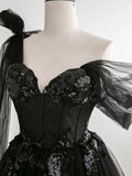 Black One Shoulder Tulle and Sequins Long Party Dress, Black Formal Dress HZ1024