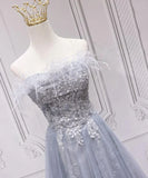 Sliver Grey Tulle with Lace Long Party Dress, Light Grey Bridesmaid Dress HZ1024