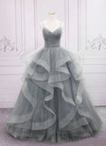 Light Grey Tulle Ball Gown Long V-neckline Formal Dress, Grey Wedding Party Dress HZ1024
