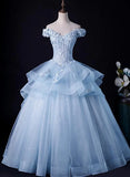 Light Blue Ball Gown Off Shoulder with Lace Sweet 16 Dress, Blue Formal Dress HZ1024