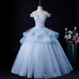 Light Blue Ball Gown Off Shoulder with Lace Sweet 16 Dress, Blue Formal Dress HZ1024