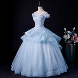Light Blue Ball Gown Off Shoulder with Lace Sweet 16 Dress, Blue Formal Dress HZ1024