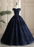 Glam Navy Blue Lace Ball Gown Sweet 16 Dress, Blue Long Wedding Party Dress HZ1024