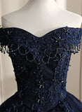 Glam Navy Blue Lace Ball Gown Sweet 16 Dress, Blue Long Wedding Party Dress HZ1024