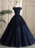 Glam Navy Blue Lace Ball Gown Sweet 16 Dress, Blue Long Wedding Party Dress HZ1024