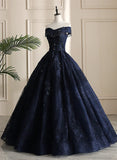 Glam Navy Blue Lace Ball Gown Sweet 16 Dress, Blue Long Wedding Party Dress HZ1024