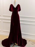 Burgundy Velvet Long Wedding Party Dress With Leg Slit, Wine Red Prom Dress HZ1024