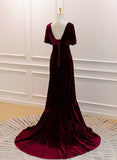 Burgundy Velvet Long Wedding Party Dress With Leg Slit, Wine Red Prom Dress HZ1024