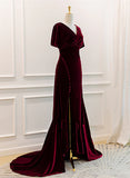 Burgundy Velvet Long Wedding Party Dress With Leg Slit, Wine Red Prom Dress HZ1024