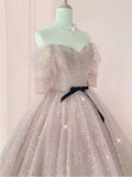 Pink Ball Gown Tulle Long Prom Dress ,Tulle Lace Short Sleeves Party Dress HZ1024