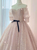Pink Ball Gown Tulle Long Prom Dress ,Tulle Lace Short Sleeves Party Dress HZ1024