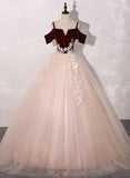 Pink and Wine Red Velvet and Tulle Party Dress, Ball Gown Formal Dress with Lace Applique HZ1024